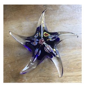Hand Blown Art Glass Millefiori Starfish Paperweight Cobalt/Clear Polished Base